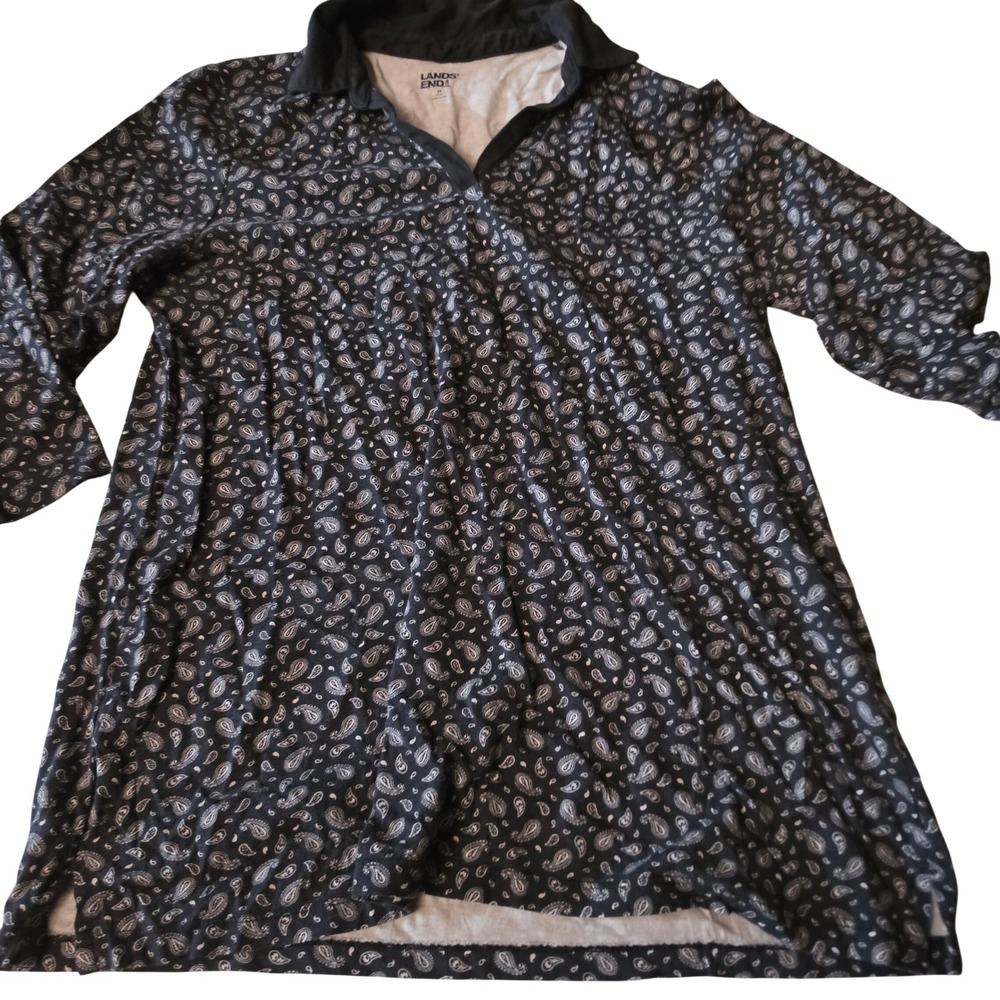 Lands End Womens Black White Paisley Long Sleeve Polo Tunic Top Size M 10-12